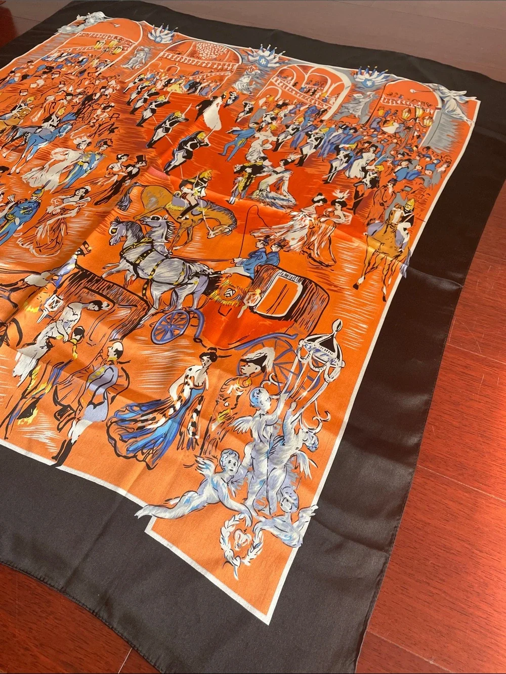 Orange Illustrated Ballroom Scene Silk Scarf